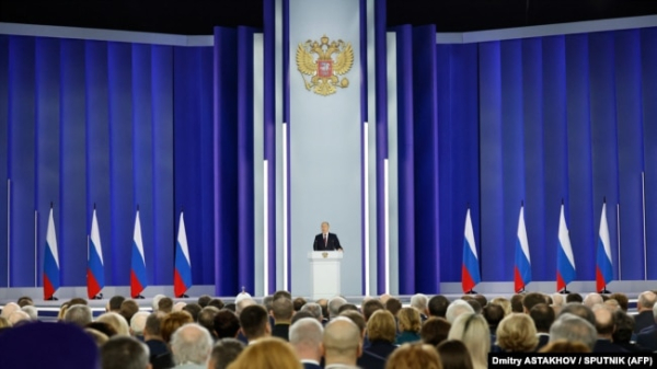 Російський президент Володимир Путін під час виступу з посланням до Федеральних зборів РФ. Москва, 21 лютого 2023 року