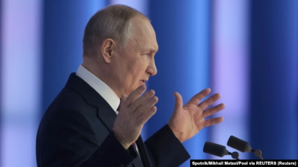 Російський президент Володимир Путін під час виступу з посланням до Федеральних зборів РФ. Москва, 21 лютого 2023 року