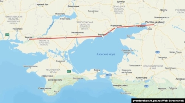 Мапа «сухопутного коридору» з Росії до Криму, «пробитого» російськими військами через окуповану територію України