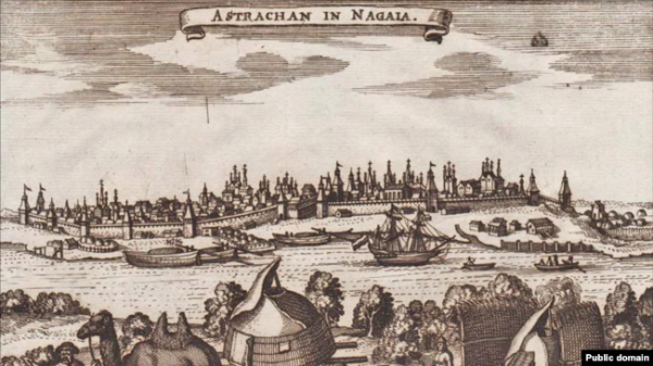 Вигляд Астрахані з мемуарів Адама Олеарія про подорож на Схід у 1636 (Шлезвіг, 1647) 