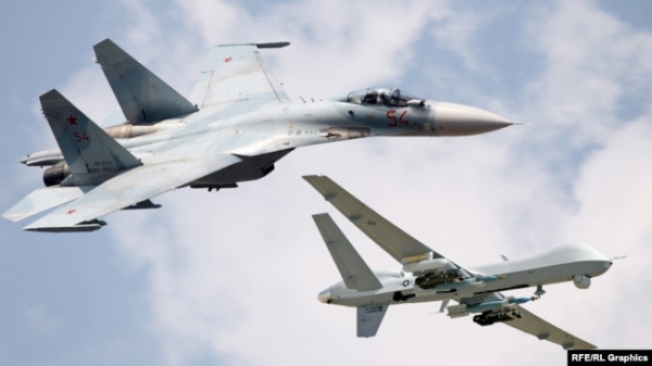 Російський Су-27 та американський безпілотник MQ-9 Reaper, колаж