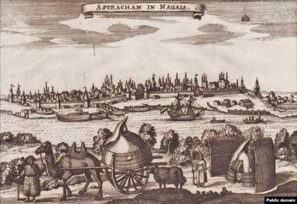 Вигляд Астрахані з мемуарів Адама Олеарія про подорож на Схід у 1636 (Шлезвіг, 1647)