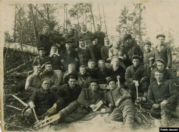 Бригада спецпоселенців кримських татар на лісоповалі. Марійська АРСР, ділянка 52, 1950 рік