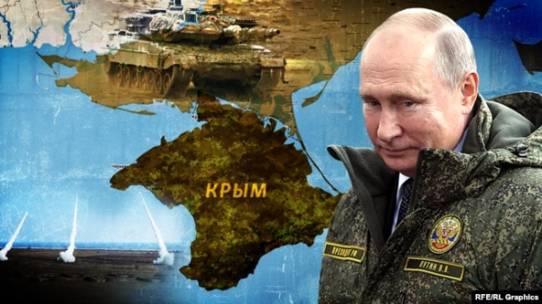 Володимир Путін на тлі Кримського півострова, ілюстраційний колаж