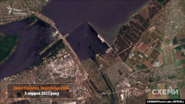 Каховське водосховище в Херсонській області до руйнування Росією греблі Каховської ГЕС 6 червня 2023 року, зафіксоване супутниковим знімком Planet Labs