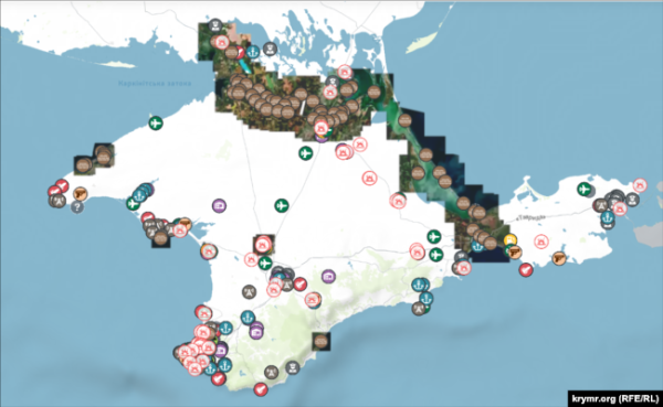 Мапа військових об'єктів Криму, створена журналістами Крим.Реалії, скріншот
