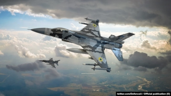 Реактивний винищувач F-16 в українському камуфляжі, колаж опублікований в офіційному твітер-акаунті ЗСУ