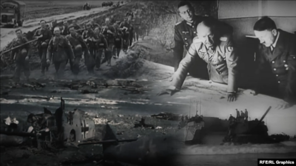 Колаж. Адольф Гітлер разом з воєначальниками Вермахту. На тлі німецькі солдати, збитий літак Люфтваффе і морська піхота армії СРСР