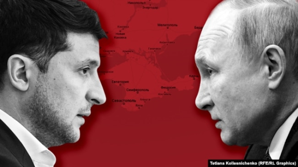 Володимир Зеленський та Володимир Путін на тлі мапи Криму. Колаж