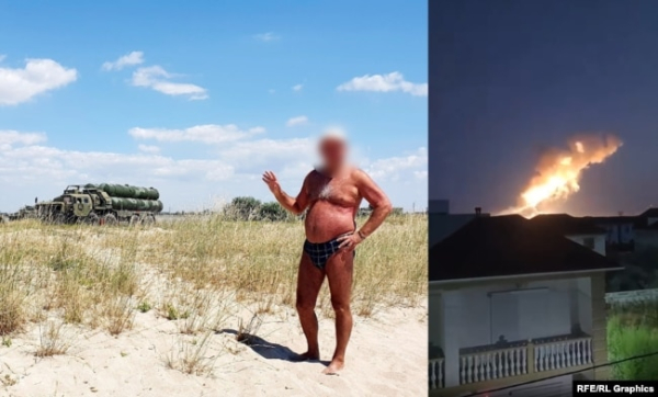 Російський турист на тлі встановлення С-400 під Євпаторією в Криму (ліворуч) у серпні 2022 року та вибух після удару по місцю базування ППО РФ у ніч на 14 вересня 2023 року. Колаж