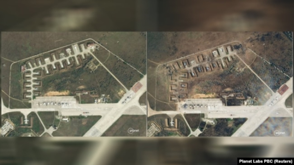 Комбіновані супутникові зображення військового аеродрому біля селища Новофедорівка поблизу міста Саки в окупованому Криму до вибухів, що сталися 9 серпня, та після них станом на 10 серпня 2022 року