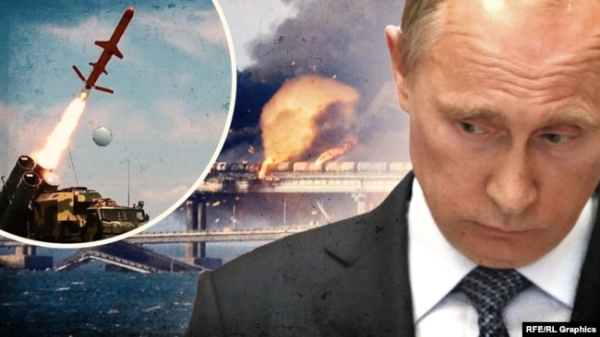 Президент Росії Путін на тлі палаючого Керченського мосту та українського ракетного комплексу «Нептун». Ілюстративний колаж
