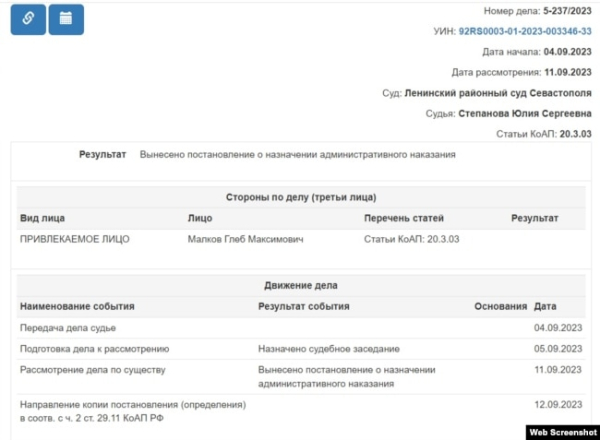 Історія судового переслідування севастопольця Гліба Малкова за дискредитацію армії Росії. Скріншот сайту «судебныерешения.рф»