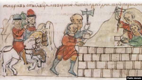 Мстислав закладає церкву Богородиці у Тмутаракані у 1022 році. Мініатюра з Радзивіллівського літопису, XV ст.
