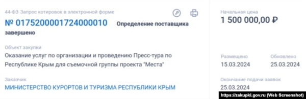 Інформація про закупівлю послуг для проведення престуру в Криму для російського проєкту «Місця», 15 квітня 2014 року