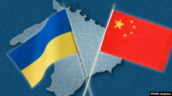 Прапори України та КНР на тлі Криму. Ілюстраційний колаж