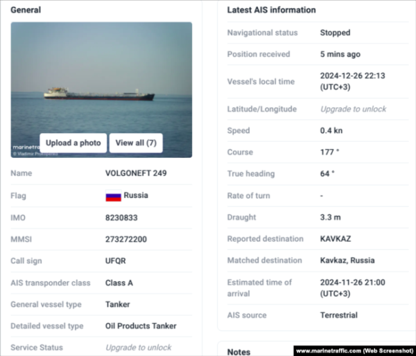 Дані про судно «Волгонефть-249», скриншот із сайту www.marinetraffic.com