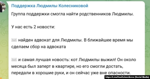 Сообщение в Telegram-канале «Поддержка Людмилы Колесниковой», 26 октября 2024 года 