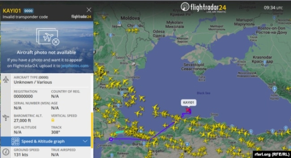 Траса польоту Bayraktar TB2 над Чорним морем 3 лютого 2024 року. Скриншот із сайту FlightRadar24.com