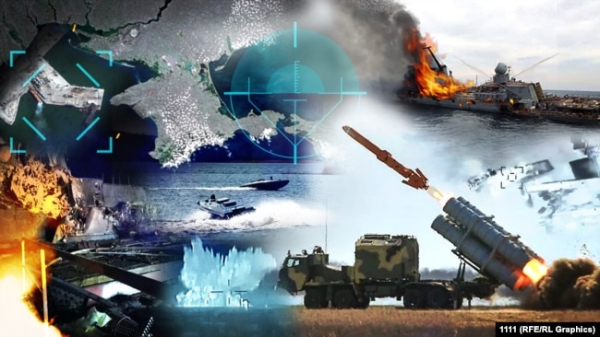 Фотоколаж: уражені кораблі Чорноморського флоту РФ та український ракетний комплекс «Нептун»
