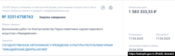 Інформація про закупівлю послуг благоустрою Лівадійського парку, квітень 2025 року