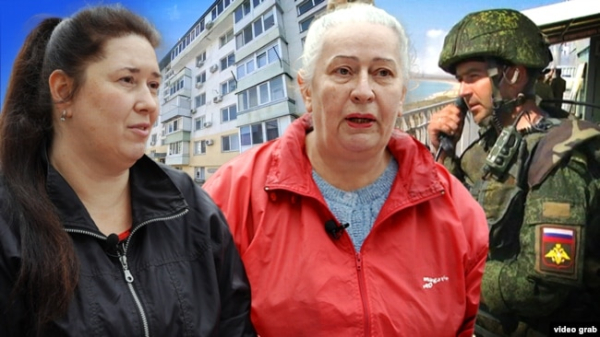 Фотоколаж: Олена та Світлана Колісниченко, власниці нерухомості в Криму, їхній будинок та російський військовослужбовець