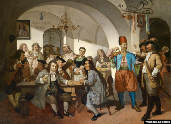 Картина, написана на межі 19 та 20-го століть, яка змальовує кав’ярню «Під синьою пляшкою» у Відні, що була створена Юрієм Кульчицьким.